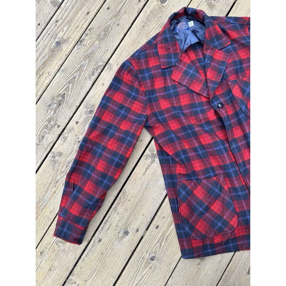 Vintage Pendleton Wool Plaid Jacket Red Black Tartan Large USA 60s 70s - Picture 3 of 11